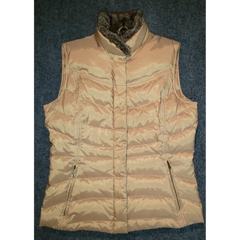 Eddie Bauer Down‎ Vest Womens Small Brown Fur Collar Puffer Zip Buttons